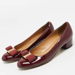 Pre Owned Salvatore Ferragamo Burgundy Patent Leather Vara Bow Block Heel Pumps Size 36