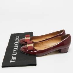 Pre Owned Salvatore Ferragamo Burgundy Patent Leather Vara Bow Block Heel Pumps Size 36
