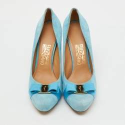 Pre Owned Salvatore Ferragamo Light Blue Suede Vara Bow Platform Pumps Size 40