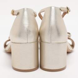Pre Owned Salvatore Ferragamo Gold Leather Vara Bow Ankle Strap Sandals Size 38.5