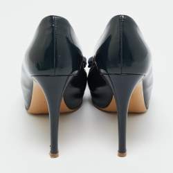 Pre Owned Salvatore Ferragamo Navy Blue Patent Leather Vara Bow Pumps Size 35.5