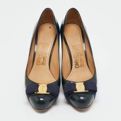 Pre Owned Salvatore Ferragamo Navy Blue Patent Leather Vara Bow Pumps Size 35.5