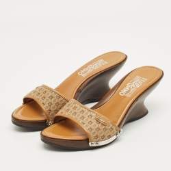 Pre Owned Salvatore Ferragamo Brown Canvas and Leather Wedge Sandals Size 38