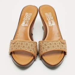 Pre Owned Salvatore Ferragamo Brown Canvas and Leather Wedge Sandals Size 38