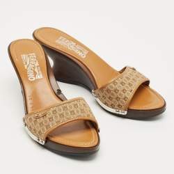 Pre Owned Salvatore Ferragamo Brown Canvas and Leather Wedge Sandals Size 38
