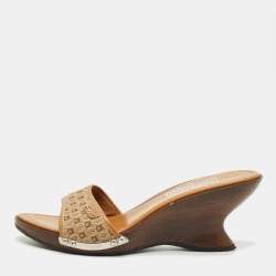 Pre Owned Salvatore Ferragamo Brown Canvas and Leather Wedge Sandals Size 38