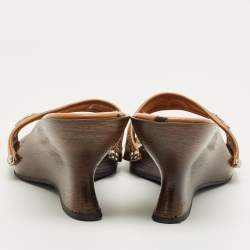 Pre Owned Salvatore Ferragamo Brown Canvas and Leather Wedge Sandals Size 38