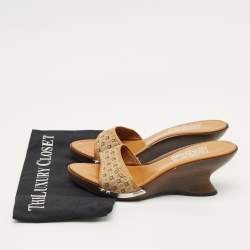 Pre Owned Salvatore Ferragamo Brown Canvas and Leather Wedge Sandals Size 38