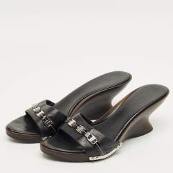 Pre Owned Salvatore Ferragamo Black Leather Wedge Sandals Size 38.5