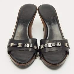 Pre Owned Salvatore Ferragamo Black Leather Wedge Sandals Size 38.5