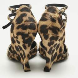 Pre Owned Salvatore Ferragamo Beige/Brown Leopard Print Calf Hair Wedge Pumps Size 39.5
