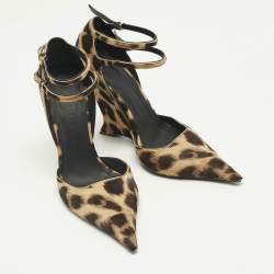 Pre Owned Salvatore Ferragamo Beige/Brown Leopard Print Calf Hair Wedge Pumps Size 39.5