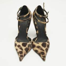 Pre Owned Salvatore Ferragamo Beige/Brown Leopard Print Calf Hair Wedge Pumps Size 39.5