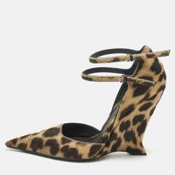 Pre Owned Salvatore Ferragamo Beige/Brown Leopard Print Calf Hair Wedge Pumps Size 39.5