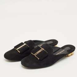 Pre Owned Salvatore Ferragamo Black Suede Vara Bow Mules Size 38