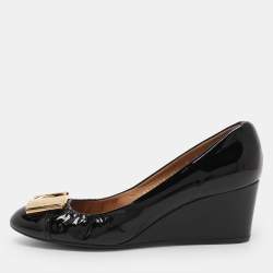 Pre Owned Salvatore Ferragamo Black Patent Leather Wedge Pumps Size 39.5
