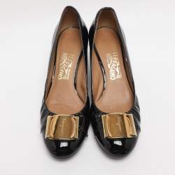 Pre Owned Salvatore Ferragamo Black Patent Leather Wedge Pumps Size 39.5