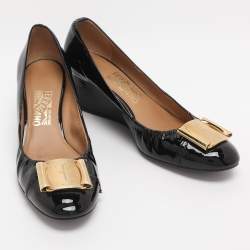 Pre Owned Salvatore Ferragamo Black Patent Leather Wedge Pumps Size 39.5
