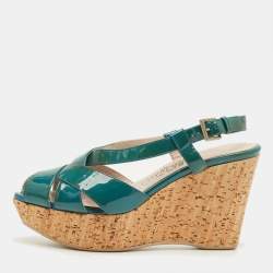 Pre Owned Salvatore Ferragamo Blue Patent Leather Cork Wedge Slingback Sandals Size 36.5