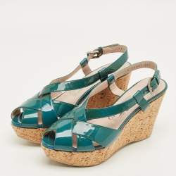 Pre Owned Salvatore Ferragamo Blue Patent Leather Cork Wedge Slingback Sandals Size 36.5