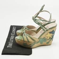 Pre Owned Salvatore Ferragamo Green Patent Leather and Raffia Wedge Sandals Size 36.5