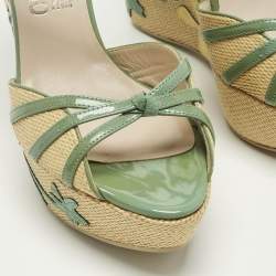 Pre Owned Salvatore Ferragamo Green Patent Leather and Raffia Wedge Sandals Size 36.5