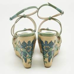 Pre Owned Salvatore Ferragamo Green Patent Leather and Raffia Wedge Sandals Size 36.5