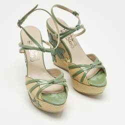 Pre Owned Salvatore Ferragamo Green Patent Leather and Raffia Wedge Sandals Size 36.5