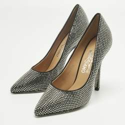 Pre Owned Salvatore Ferragamo Silver Satin Crystal Embellished Pointed Toe Pumps Size 37.5