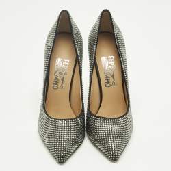 Pre Owned Salvatore Ferragamo Silver Satin Crystal Embellished Pointed Toe Pumps Size 37.5