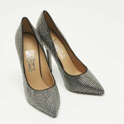 Pre Owned Salvatore Ferragamo Silver Satin Crystal Embellished Pointed Toe Pumps Size 37.5