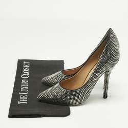 Pre Owned Salvatore Ferragamo Silver Satin Crystal Embellished Pointed Toe Pumps Size 37.5