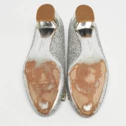 Pre Owned Salvatore Ferragamo Silver Canvas and Leather Garda Block Heel Pumps Size 40