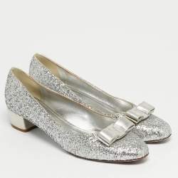 Pre Owned Salvatore Ferragamo Silver Canvas and Leather Garda Block Heel Pumps Size 40