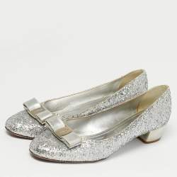 Pre Owned Salvatore Ferragamo Silver Canvas and Leather Garda Block Heel Pumps Size 40