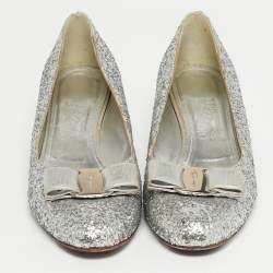 Pre Owned Salvatore Ferragamo Silver Canvas and Leather Garda Block Heel Pumps Size 40