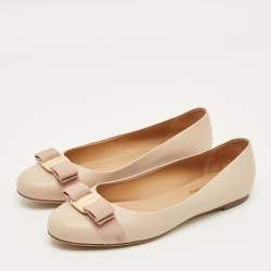 Pre Owned Salvatore Ferragamo Beige Leather Vara Bow Ballet Flats Size 38.5
