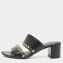 Pre Owned Salvatore Ferragamo Black Leather Trabia Chain Block Heel Slide Sandals Size 37