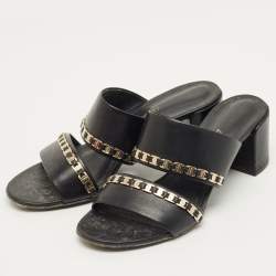Pre Owned Salvatore Ferragamo Black Leather Trabia Chain Block Heel Slide Sandals Size 37