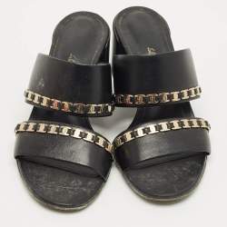 Pre Owned Salvatore Ferragamo Black Leather Trabia Chain Block Heel Slide Sandals Size 37