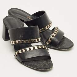 Pre Owned Salvatore Ferragamo Black Leather Trabia Chain Block Heel Slide Sandals Size 37