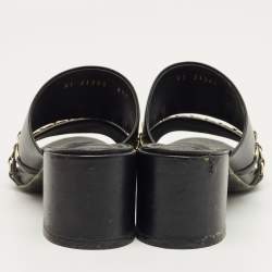 Pre Owned Salvatore Ferragamo Black Leather Trabia Chain Block Heel Slide Sandals Size 37