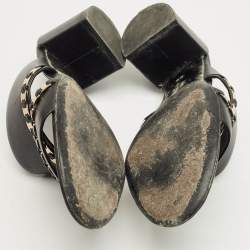 Pre Owned Salvatore Ferragamo Black Leather Trabia Chain Block Heel Slide Sandals Size 37