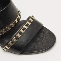 Pre Owned Salvatore Ferragamo Black Leather Trabia Chain Block Heel Slide Sandals Size 37