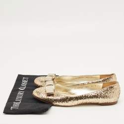 Pre Owned Salvatore Ferragamo Gold Glitter Varina Bow Ballet Flats Size 40