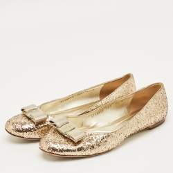 Pre Owned Salvatore Ferragamo Gold Glitter Varina Bow Ballet Flats Size 40