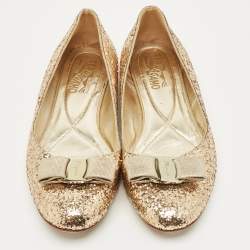 Pre Owned Salvatore Ferragamo Gold Glitter Varina Bow Ballet Flats Size 40