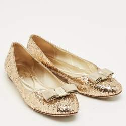 Pre Owned Salvatore Ferragamo Gold Glitter Varina Bow Ballet Flats Size 40