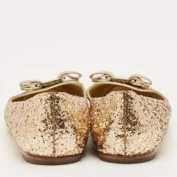 Pre Owned Salvatore Ferragamo Gold Glitter Varina Bow Ballet Flats Size 40