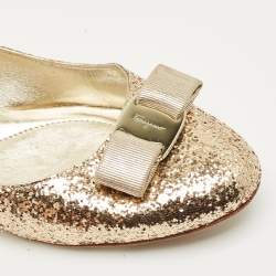 Pre Owned Salvatore Ferragamo Gold Glitter Varina Bow Ballet Flats Size 40